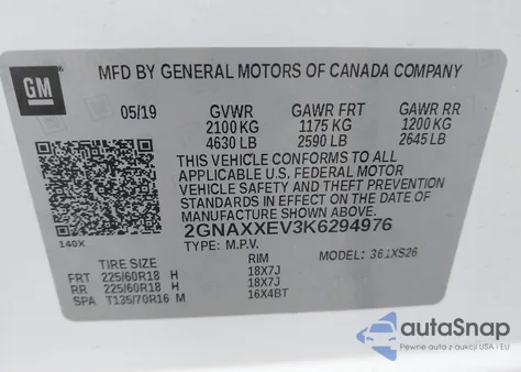 2019 Chevrolet Equinox Premier из США, поврежденный, VIN 2GNAXXEV3K6294976